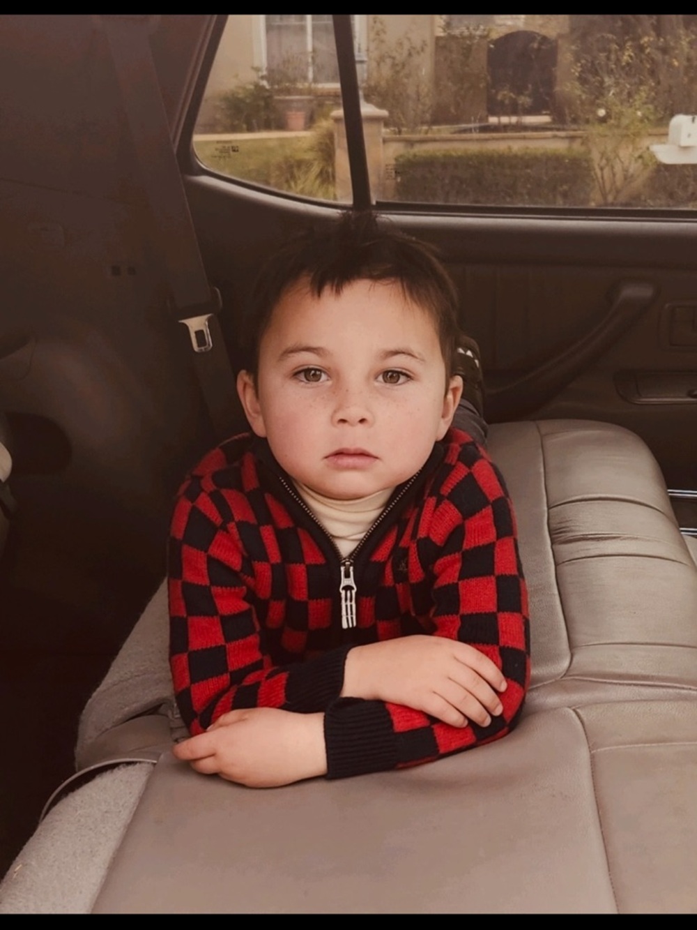 Petit Bateau Red and Black Checked Knit Jacket